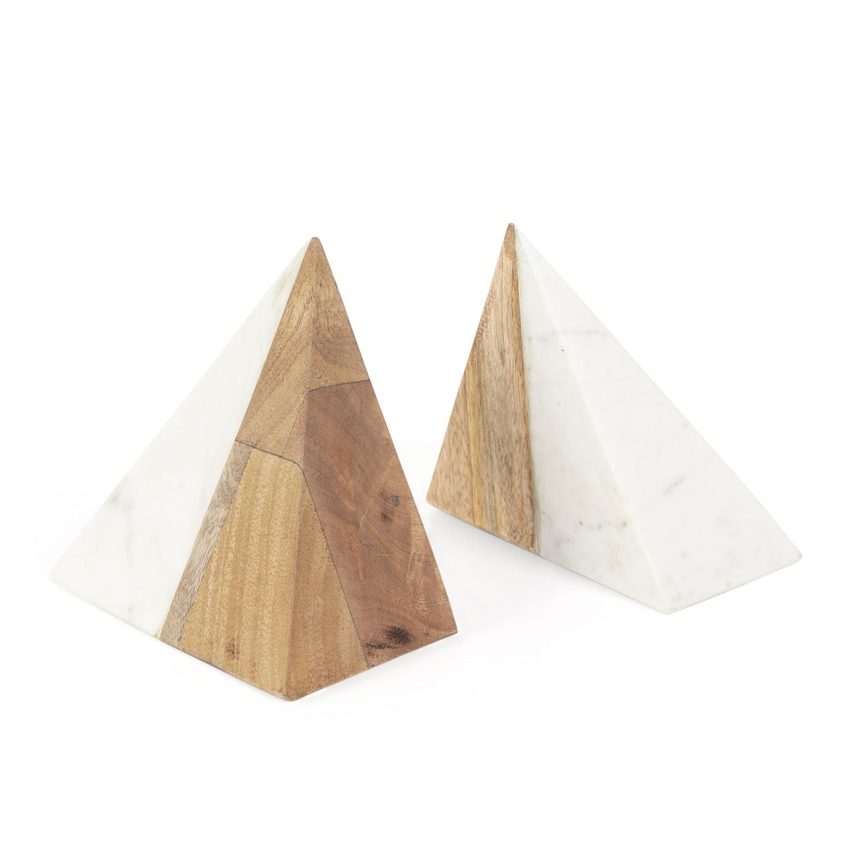 Zahara Wood and Marble Pyramid Bookends, Set of 2