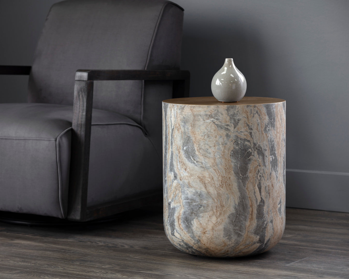 NAHLA DIAZ END TABLE - MARBLE LOOK - ANTIQUE BRASS