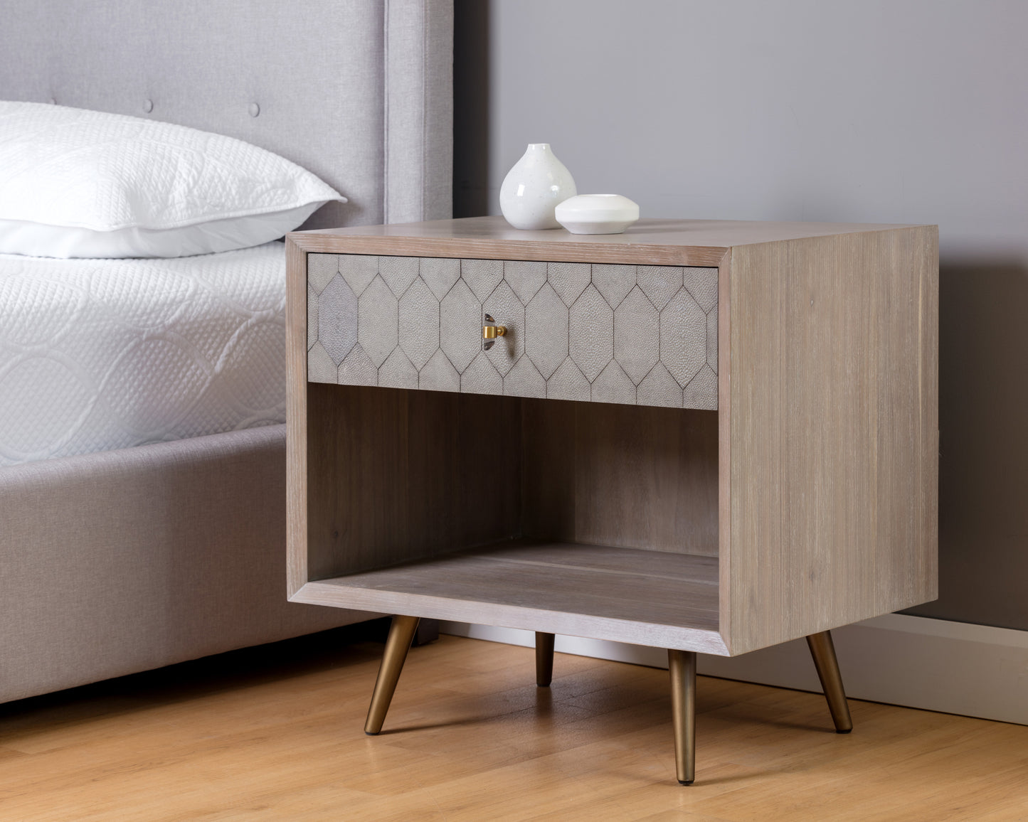 NAHLA ANISTON NIGHTSTAND - WHITE CERUSE - TAUPE SHAGREEN