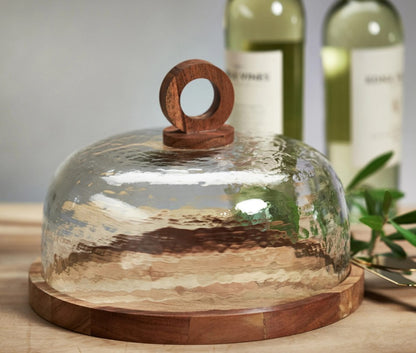 Artisan Wood Cheese Board with Hammered Glass Cloche