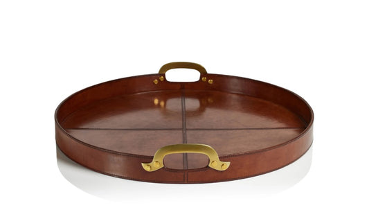 Aspen Leather with Brass Handles Round Tray - Large