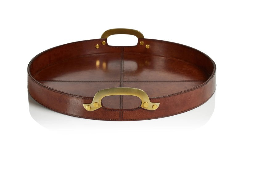 Aspen Leather with Brass Handles Round Tray - Small