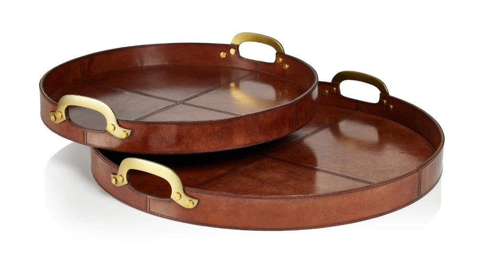 Aspen Leather with Brass Handles Round Tray - Small