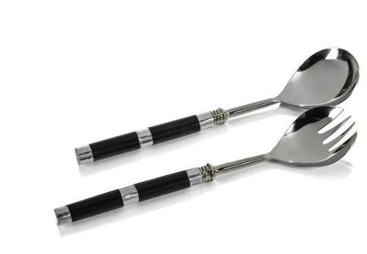 Brawn Salad Server Set with Black Horn Handles - Large