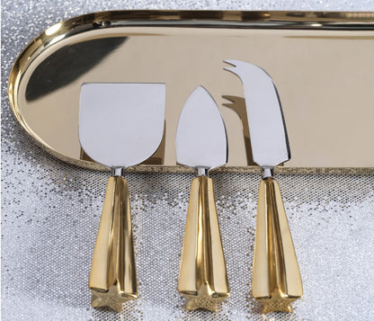 Cheese Knife Set - Set of 3 - Polished Steel and Gold