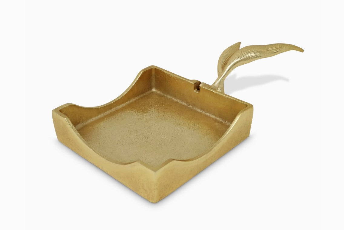 Gold Square Napkin Holder with Leaf Tong