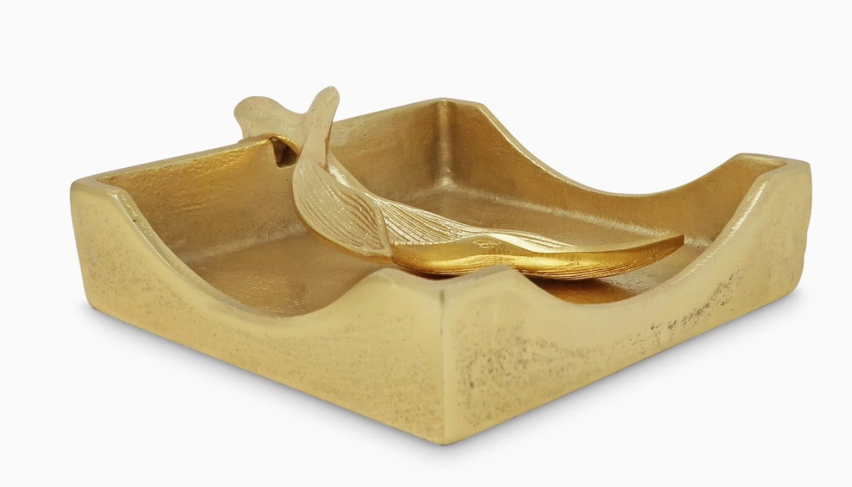 Gold Square Napkin Holder with Leaf Tong