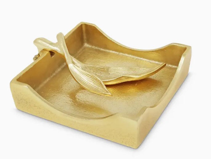 Gold Square Napkin Holder with Leaf Tong