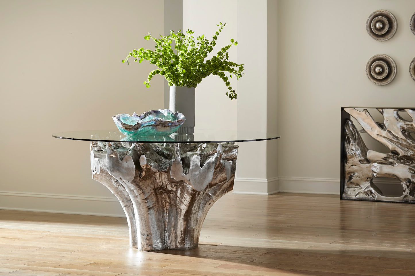 Cast Root Small Silver Dining Table Base, With Glass