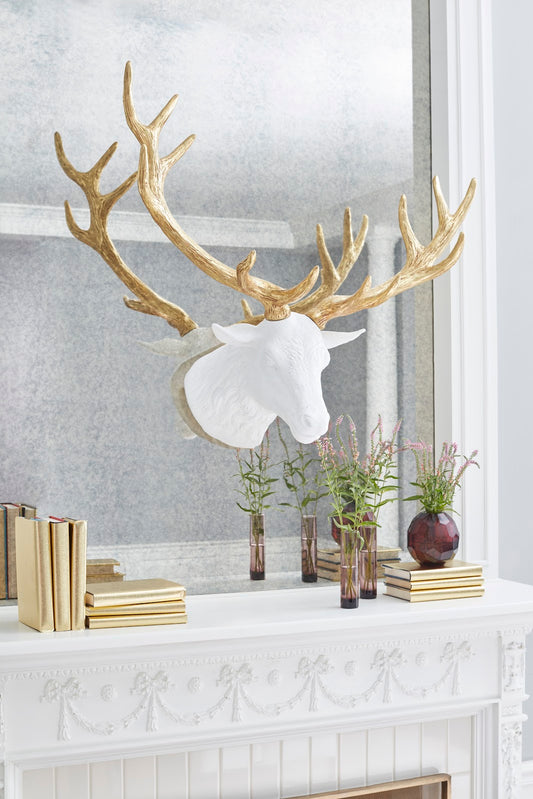 Stag Deer Head, White, Gold Leaf