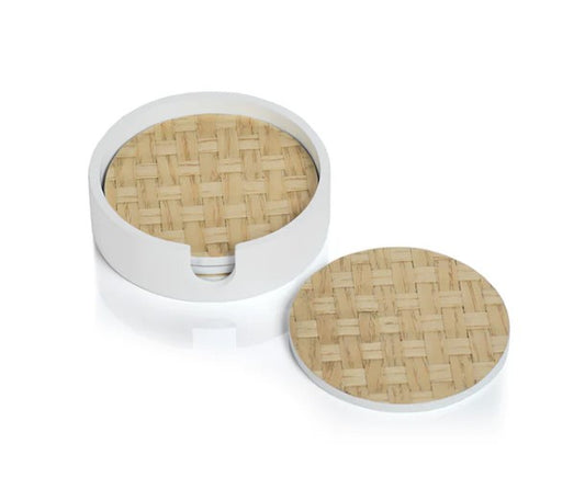 Set of 4 Round Woven Ash Coasters in White Tray