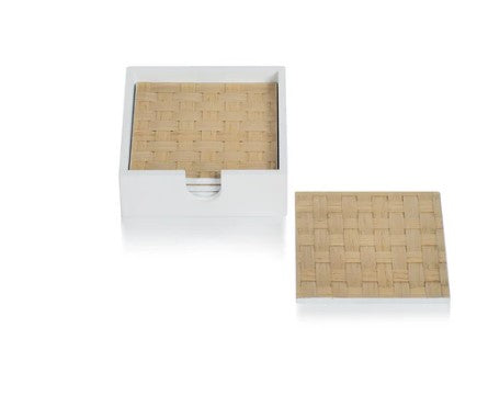 Set of 4 Square Woven Ash Coasters in White Tray