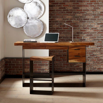 Iron Frame Standing Desk with Drawers, Natural, Bar Height