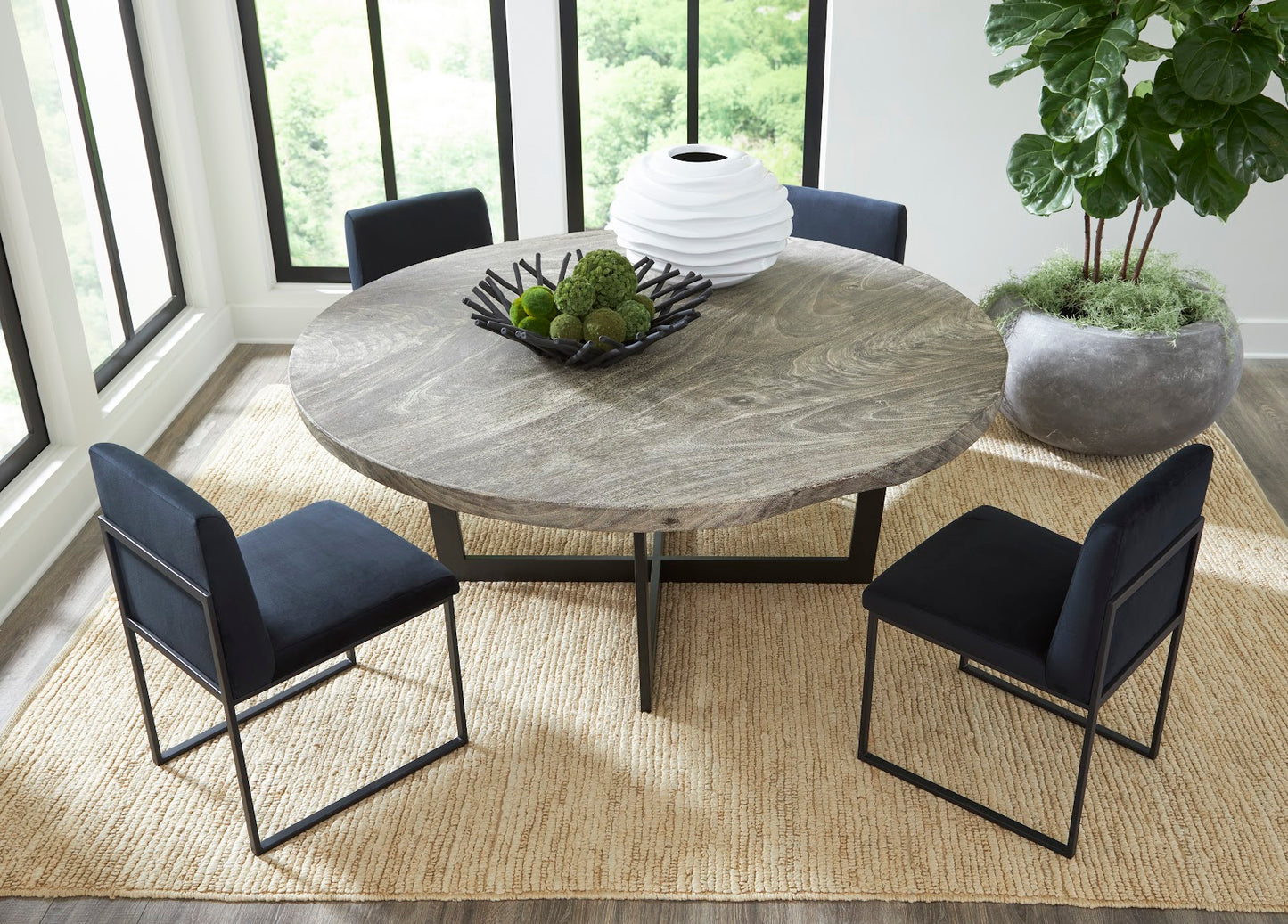 Chuleta Round Dining Table on Stainless Steel Base, Gray Stone