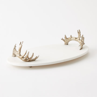 WHITE MARBLE PLATTER WITH REINDEER ANTLER HANDLES