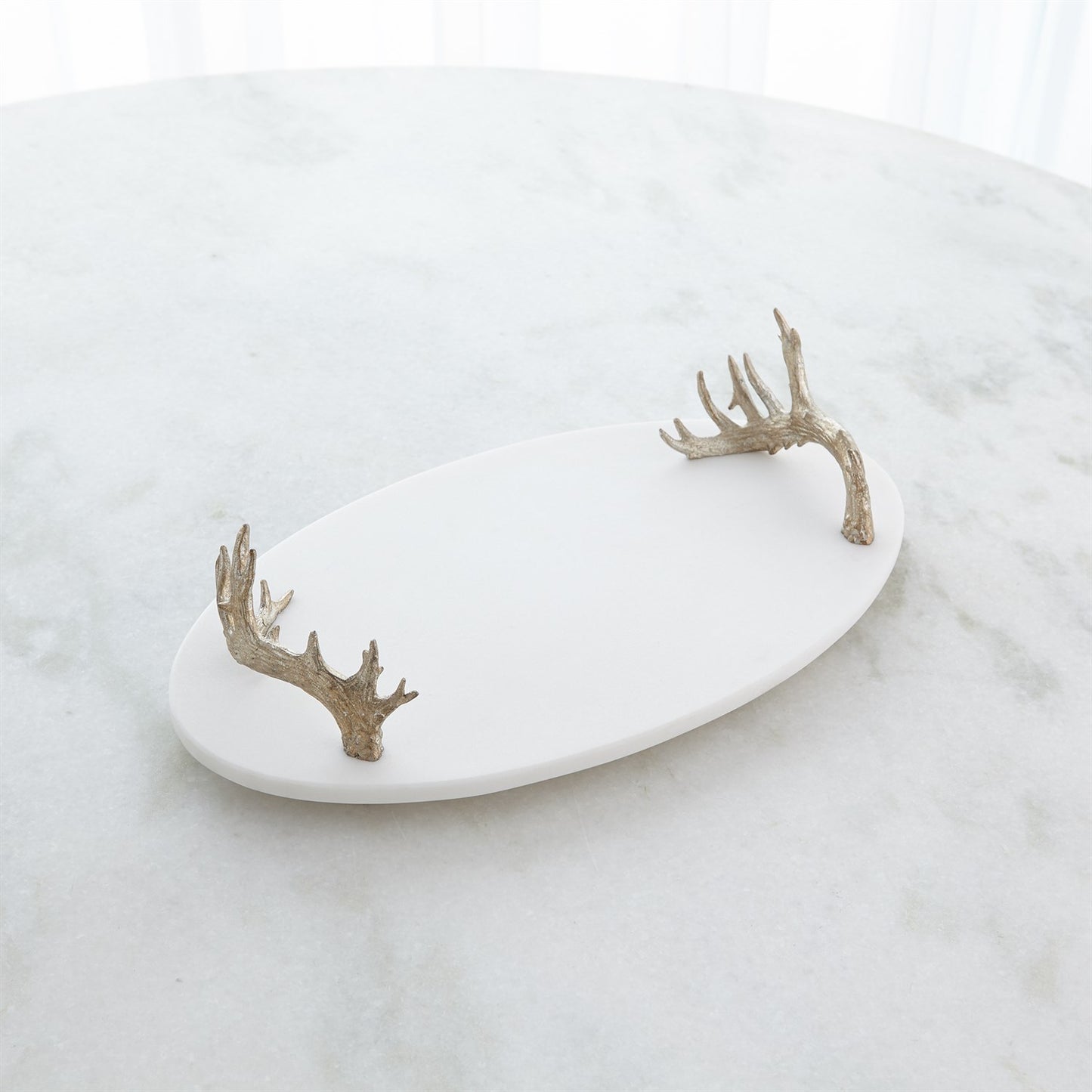 WHITE MARBLE PLATTER WITH REINDEER ANTLER HANDLES