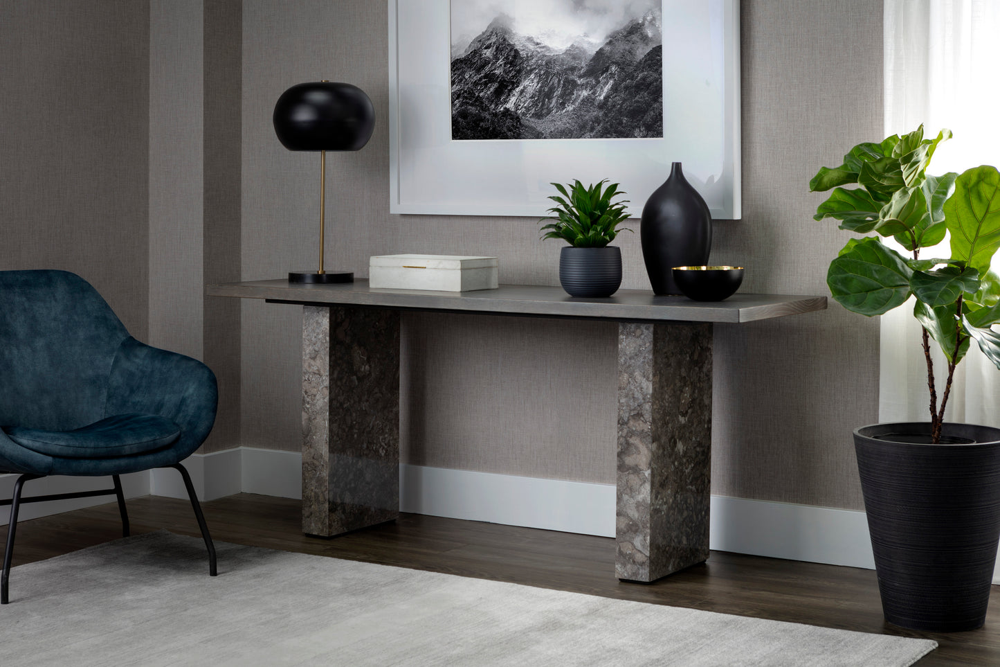 NAHLA REBEL CONSOLE TABLE - GREY MARBLE / CHARCOAL GREY