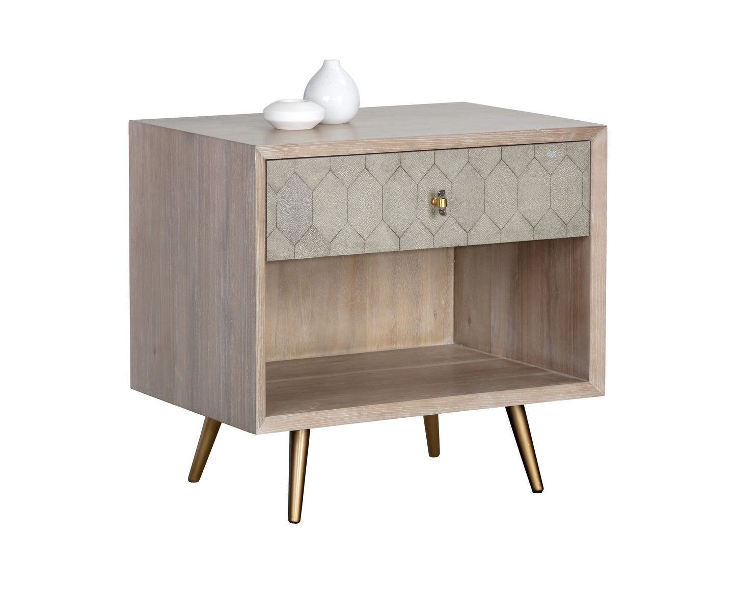 NAHLA ANISTON NIGHTSTAND - WHITE CERUSE - TAUPE SHAGREEN