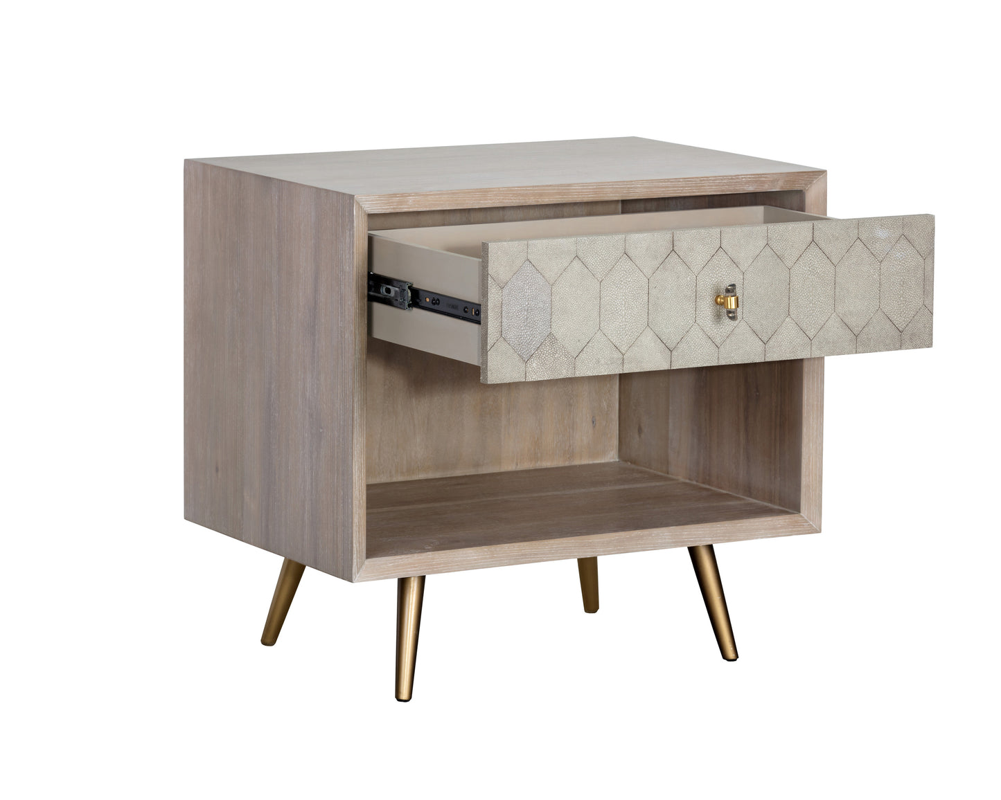 NAHLA ANISTON NIGHTSTAND - WHITE CERUSE - TAUPE SHAGREEN