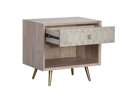 NAHLA ANISTON NIGHTSTAND - WHITE CERUSE - TAUPE SHAGREEN