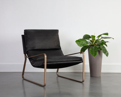 NAHLA ZANCOR LOUNGE CHAIR - ANTIQUE BRASS - CHARCOAL BLACK LEATHER