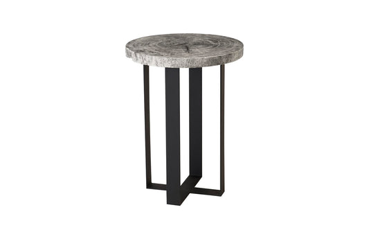 Chuleta Bar Table on Black Metal Base, Chamcha Wood, Gray Stone