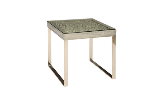 Driftwood Side Table, Wood, Glass, Stainless Steel Base, Scaff Finish