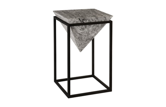 Inverted Pyramid Side Table, Gray Stone, Wood/Metal, Black, LG