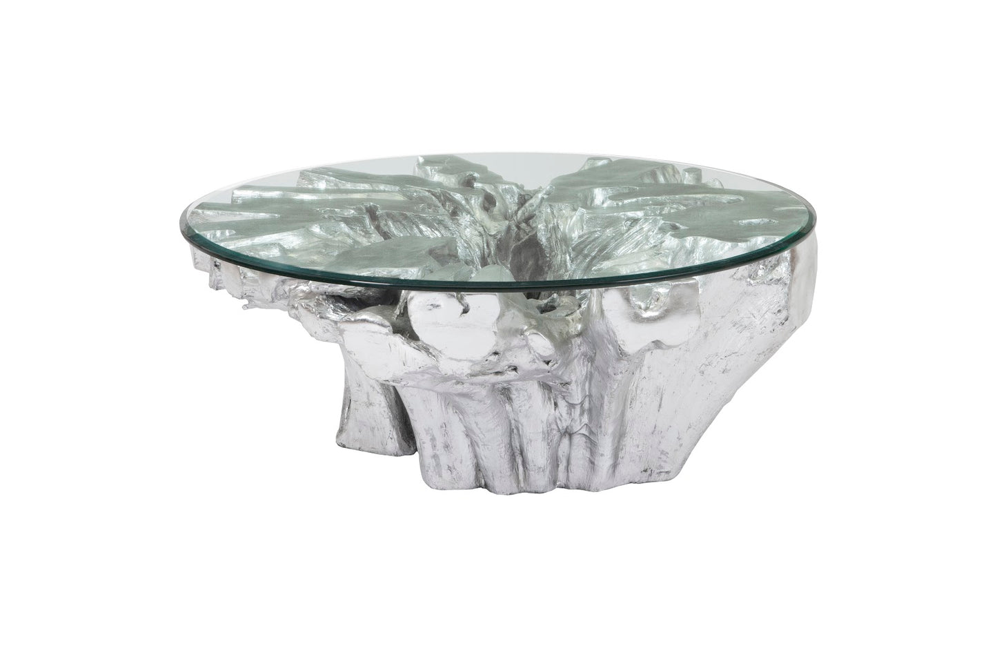 Abyss Cast Root Coffee Table With Glass, Silver Leaf