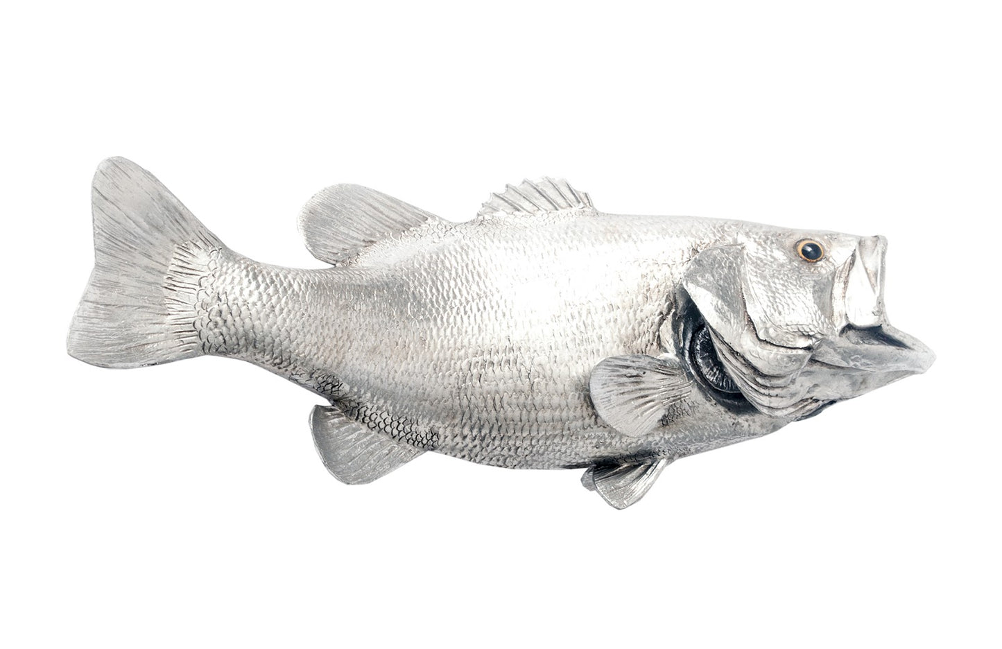 Large Mouth Bass Fish Wall Sculpture, Resin, Silver Leaf